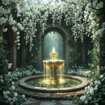 The primary subject of the image is a fountain, which is situated in a garden setting. The fountain is surrounded by a variety of flowers, creating a beautiful and serene atmosphere. The visual style of the image is a combination of photo and digital art, giving it a unique and artistic appearance. The colors and mood of the image are predominantly white and calming, with the flowers adding a touch of vibrancy and life to the scene.